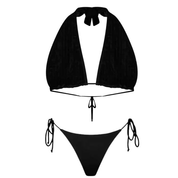 Two-piece tan through bikini with triangle top and tie-side bottom.