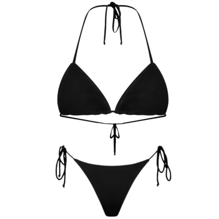 Two-piece tan through bikini with triangle top and tie-side bottom.