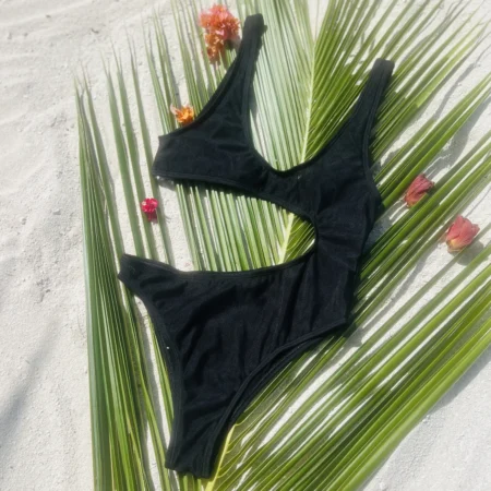 Black Pamela One Piece Swimsuit with high waist and adjustable ties.