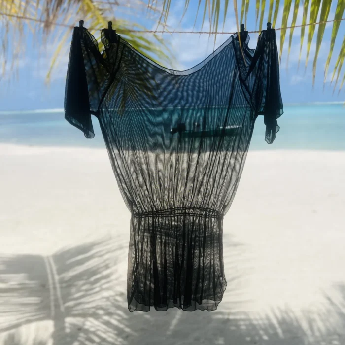 Stylish Valerie black kaftan beach dress with waist drawstring and flowy hem.